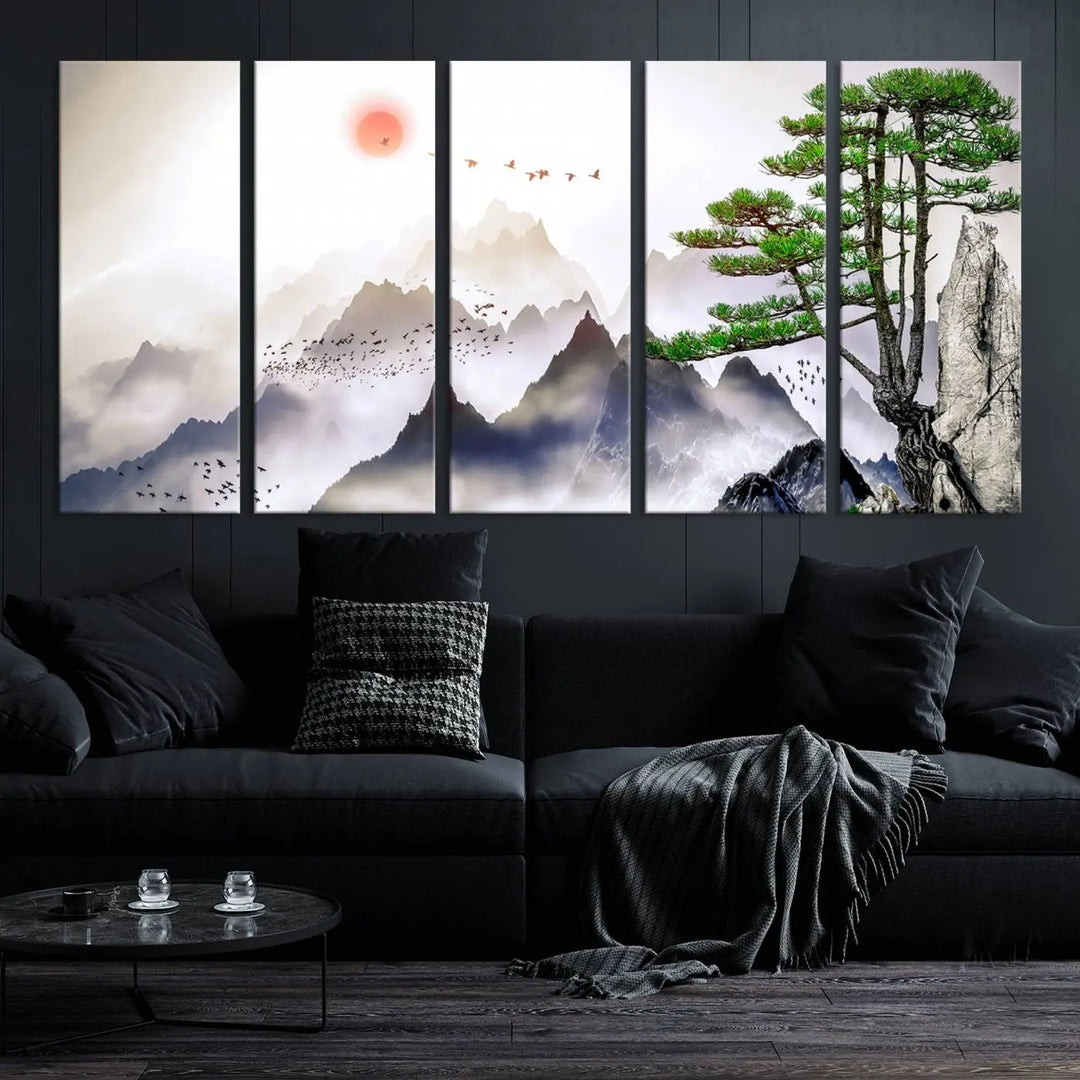 The "Japanese Tree Mountain Wall Art Canvas Print" is displayed as a triptych, featuring gallery-wrapped pieces on museum-quality canvas. Each piece is protected with a UV-protective coating, ensuring enduring elegance.