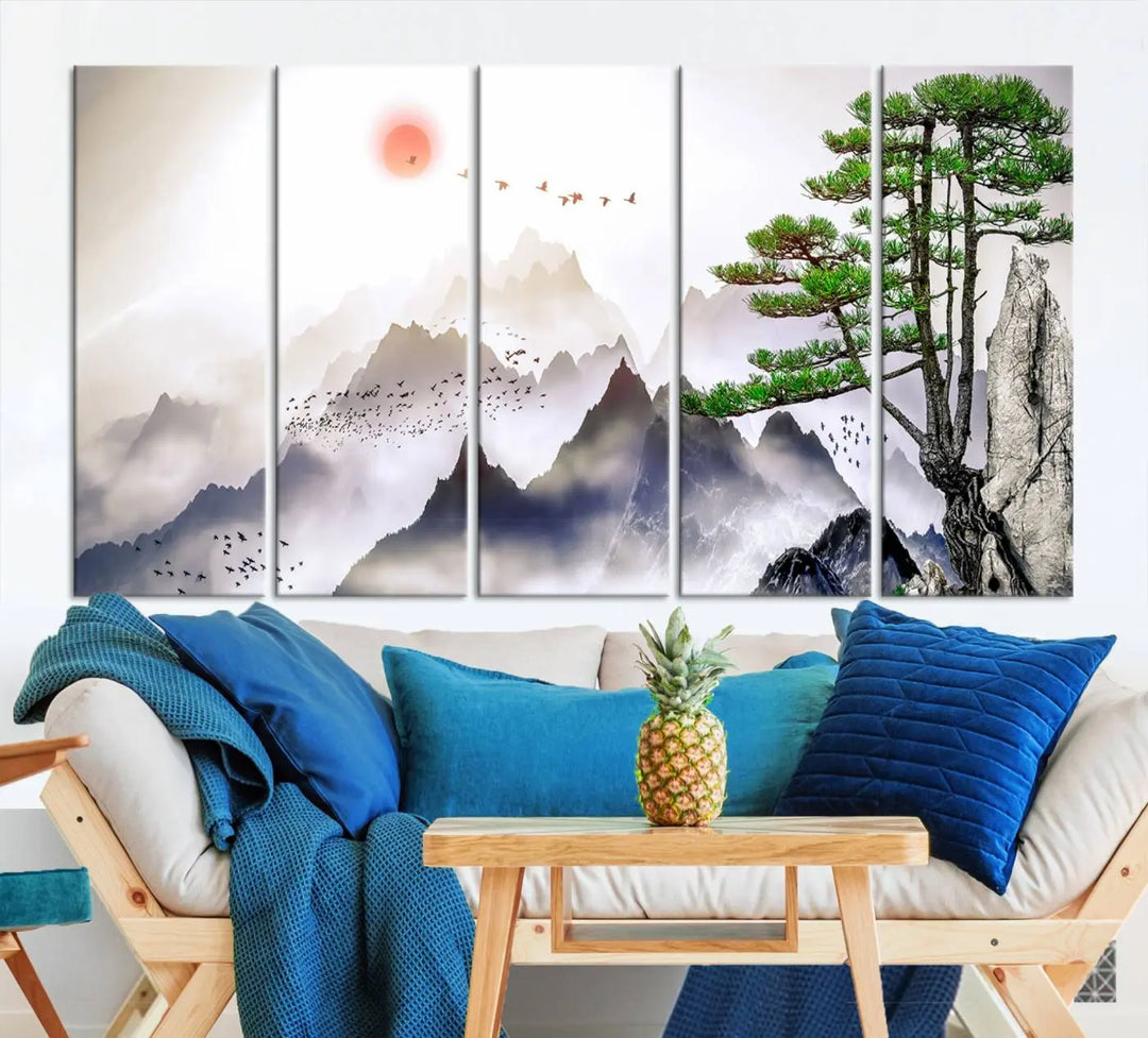 The "Japanese Tree Mountain Wall Art Canvas Print" is displayed as a triptych, featuring gallery-wrapped pieces on museum-quality canvas. Each piece is protected with a UV-protective coating, ensuring enduring elegance.