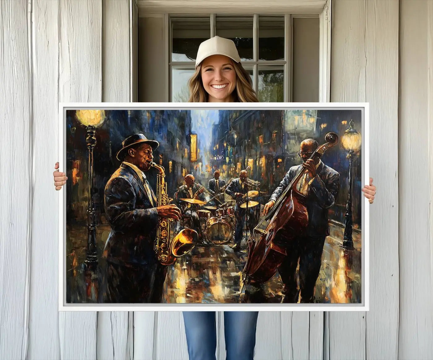 36990-MGV-FC-36X24_White-Jazz Canvas Wall Art Print - Abstract African American Music Art - Framed Posters for Living Room or Bedroom