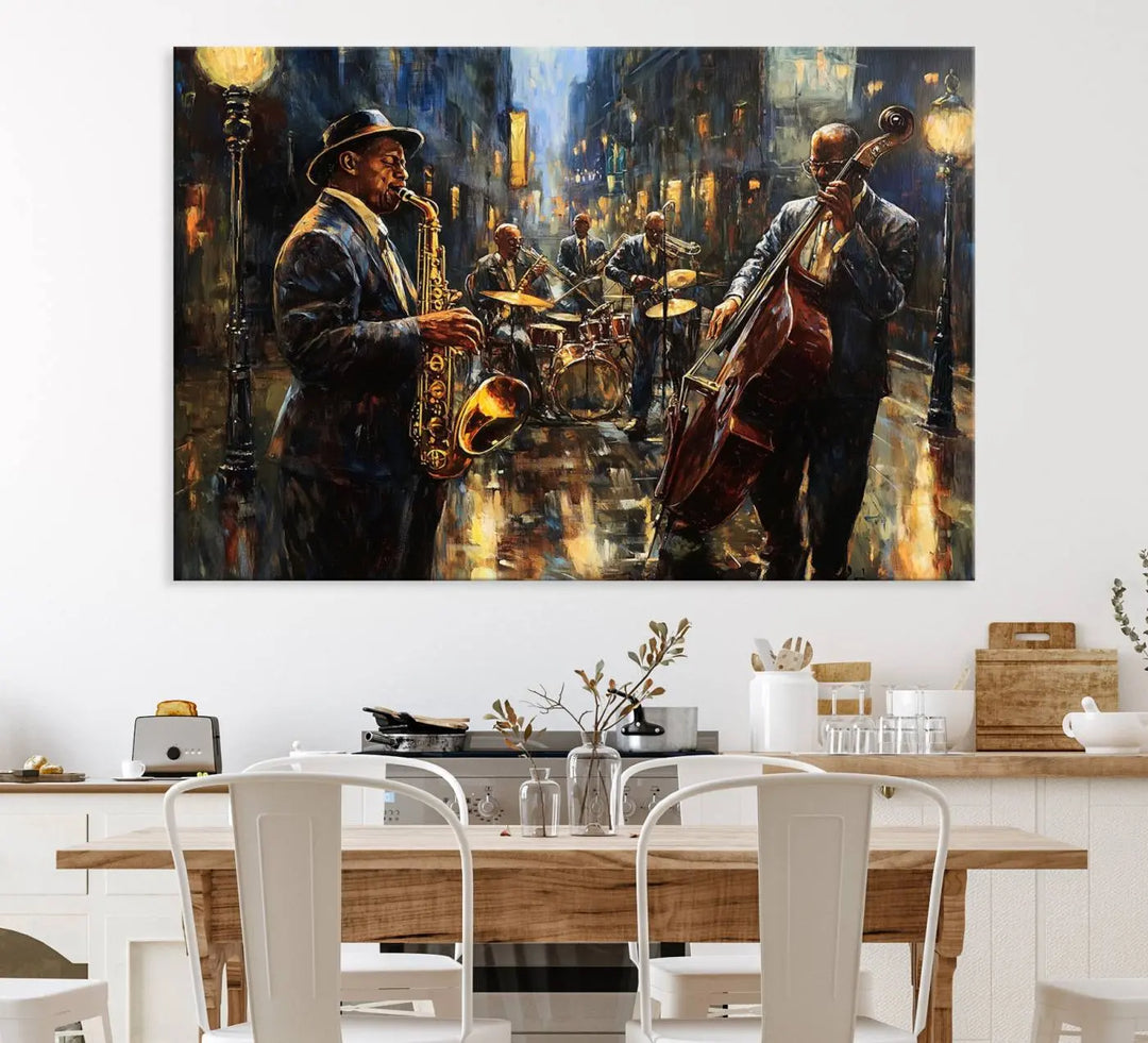 Jazz Canvas Wall Art above a wooden console table.