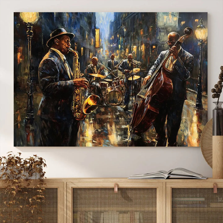 Jazz Canvas Wall Art above a wooden console table.