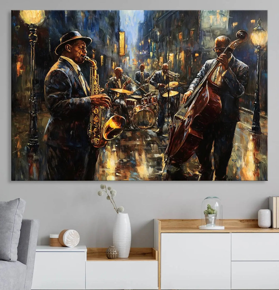 Jazz Canvas Wall Art above a wooden console table.