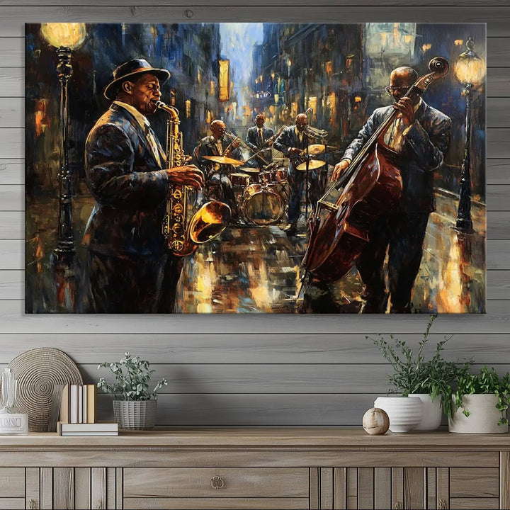 Jazz Canvas Wall Art above a wooden console table.