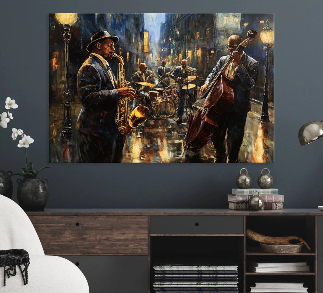 Jazz Canvas Wall Art above a wooden console table.