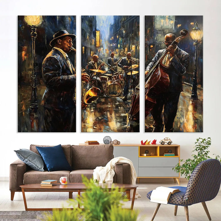 Jazz Canvas Wall Art above a wooden console table.