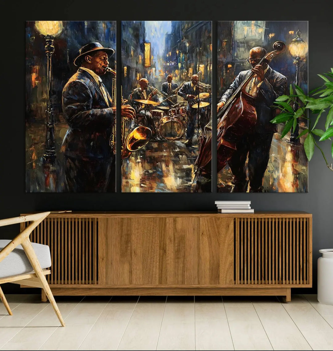 Jazz Canvas Wall Art above a wooden console table.