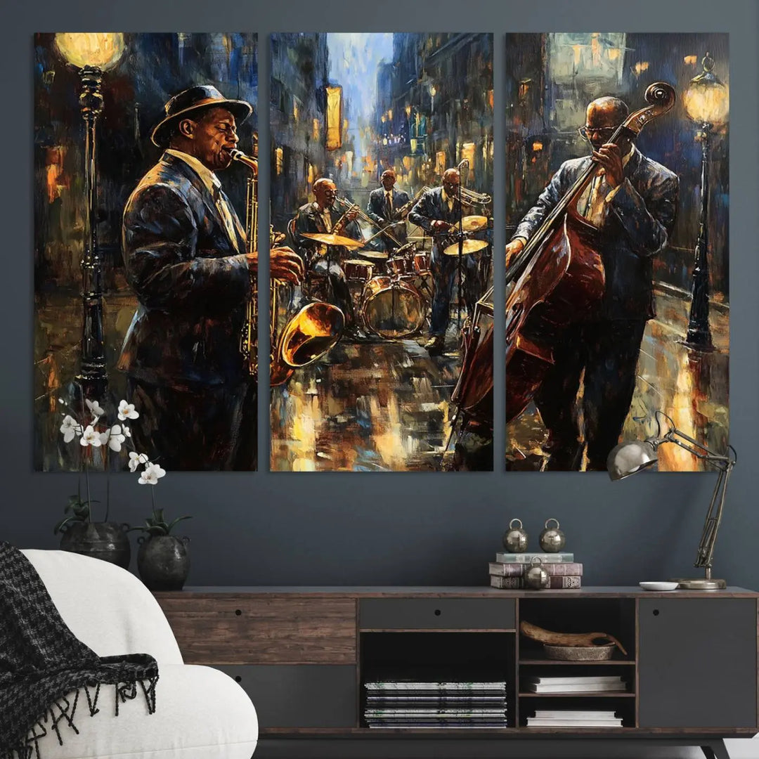 Jazz Canvas Wall Art above a wooden console table.