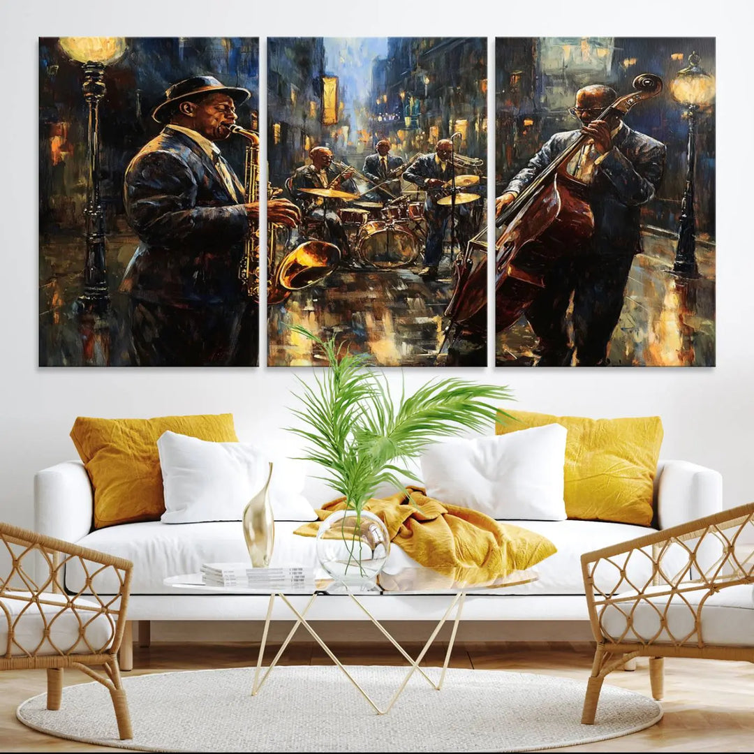 Jazz Canvas Wall Art above a wooden console table.