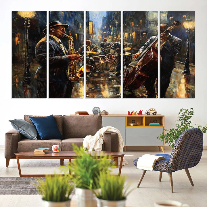 Jazz Canvas Wall Art above a wooden console table.