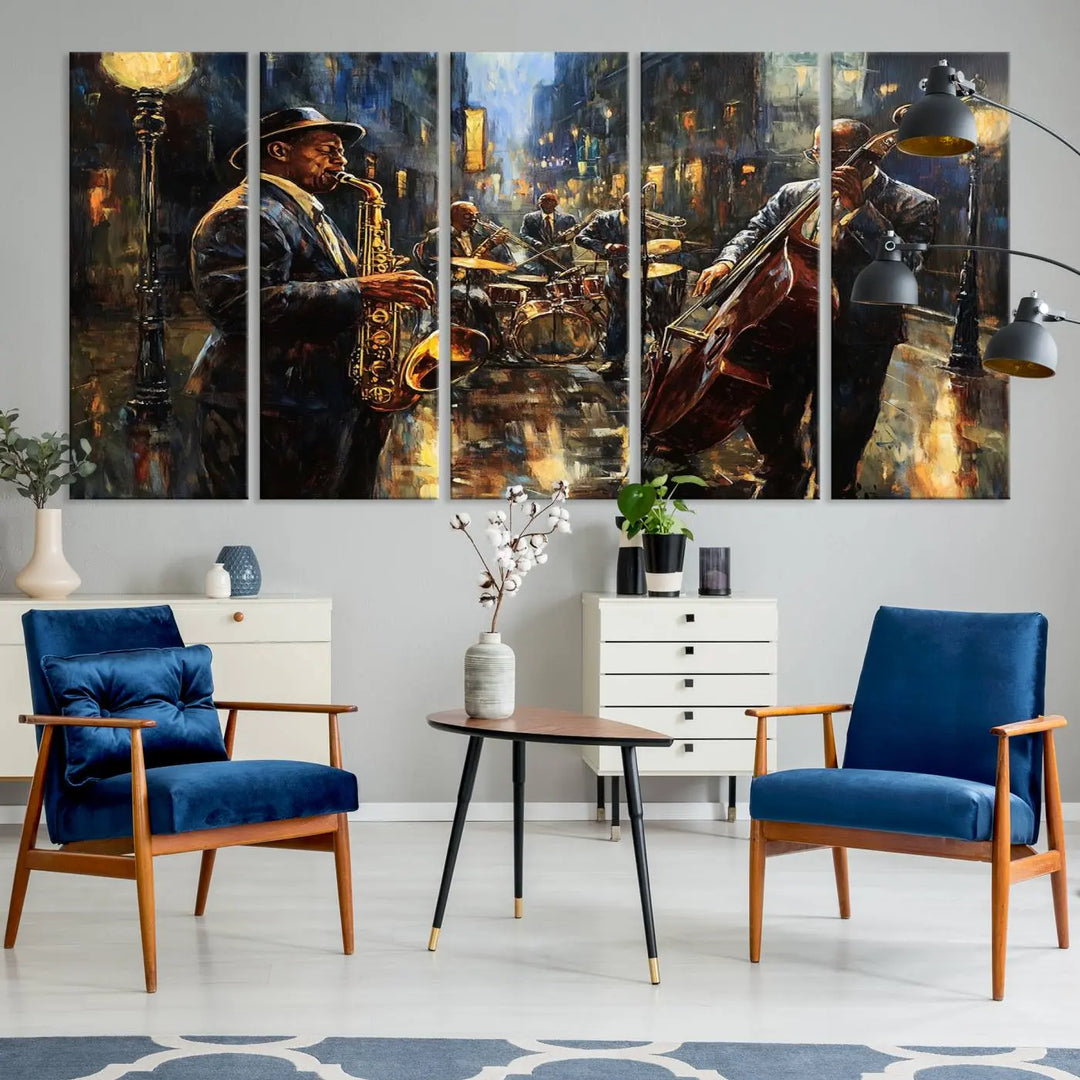 Jazz Canvas Wall Art above a wooden console table.