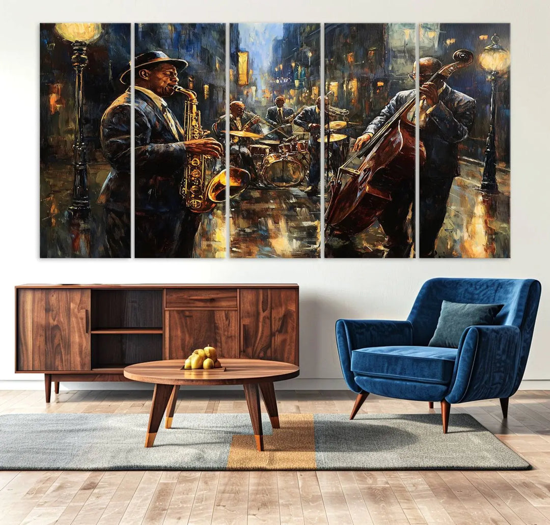 Jazz Canvas Wall Art above a wooden console table.