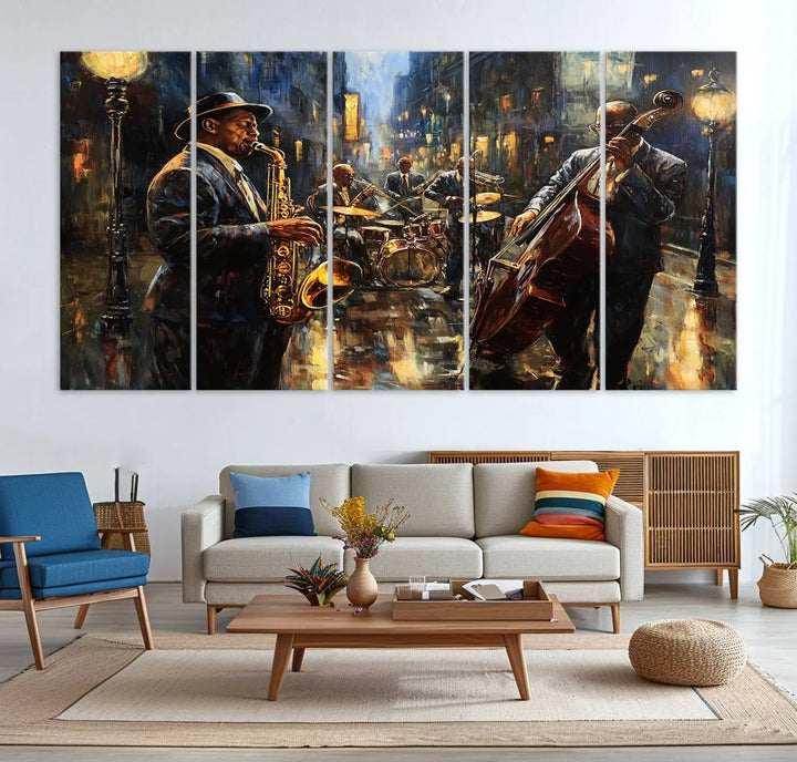 Jazz Canvas Wall Art above a wooden console table.