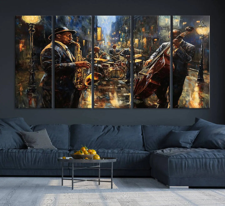 Jazz Canvas Wall Art above a wooden console table.