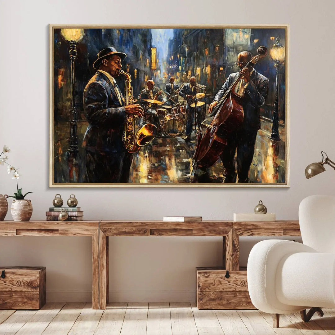 Jazz Canvas Wall Art above a wooden console table.