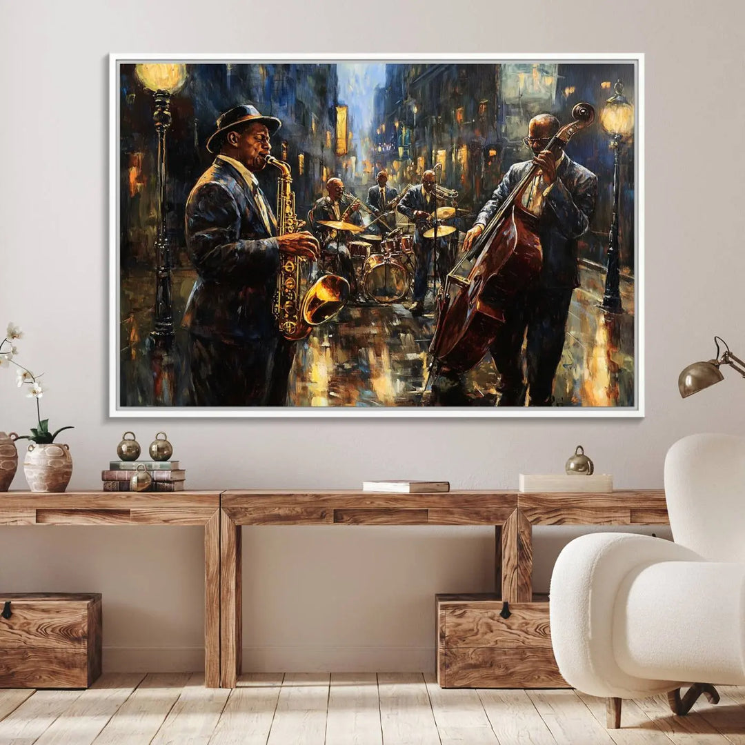 Jazz Canvas Wall Art above a wooden console table.