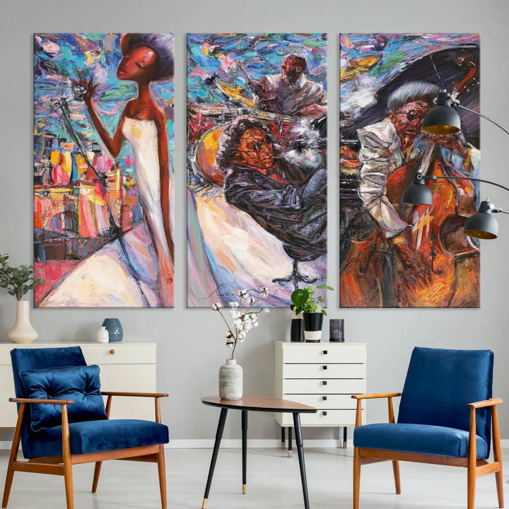 The Jazz Music Abstract Painting Canvas Wall Art, featuring museum-quality canvas with UV-protective coating, brightens a modern living room.