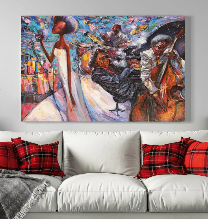 The Jazz Music Abstract Painting Canvas Wall Art, featuring museum-quality canvas with UV-protective coating, brightens a modern living room.