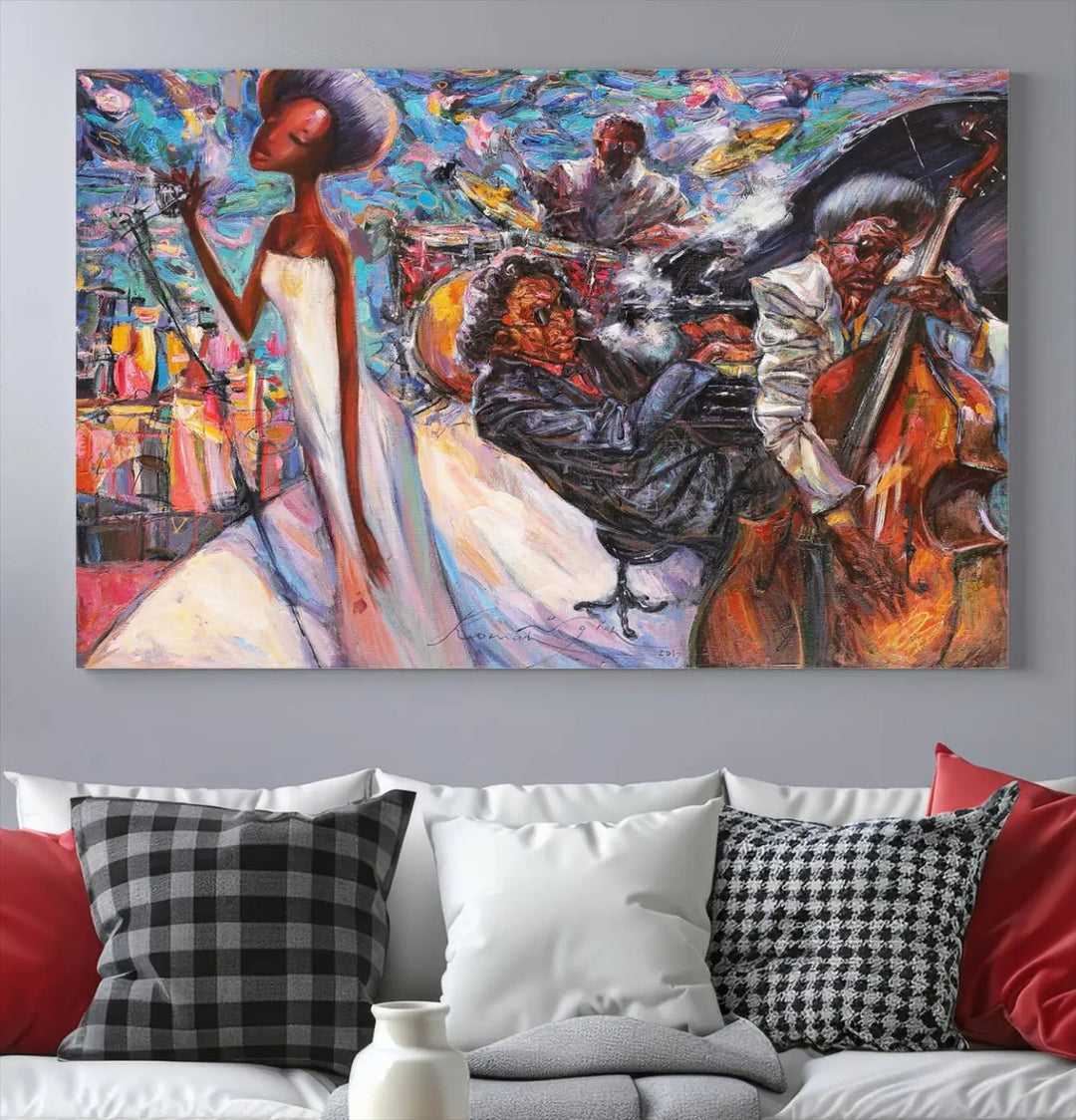 The Jazz Music Abstract Painting Canvas Wall Art, featuring museum-quality canvas with UV-protective coating, brightens a modern living room.