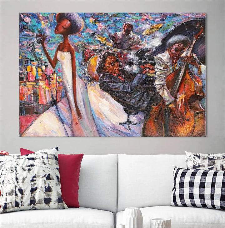 The Jazz Music Abstract Painting Canvas Wall Art, featuring museum-quality canvas with UV-protective coating, brightens a modern living room.