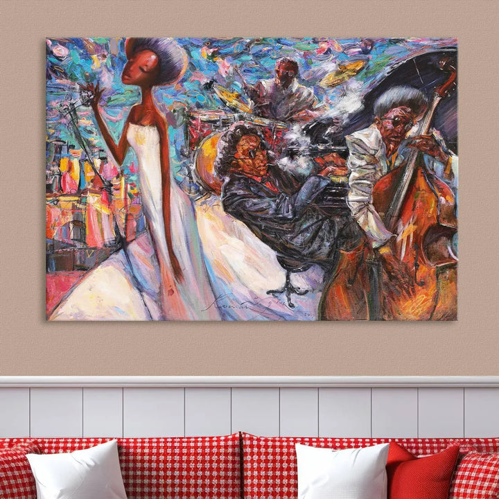 The Jazz Music Abstract Painting Canvas Wall Art, featuring museum-quality canvas with UV-protective coating, brightens a modern living room.