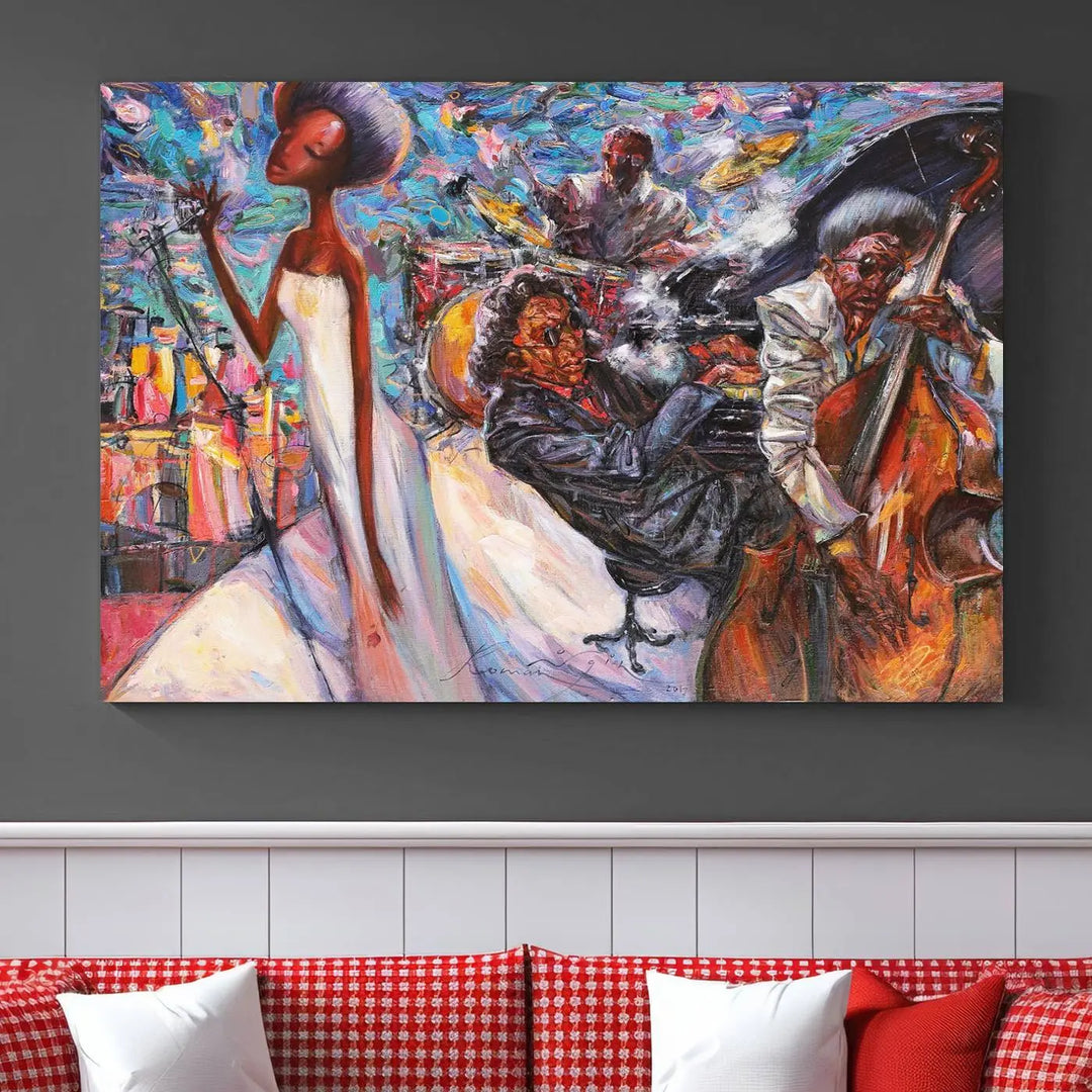 The Jazz Music Abstract Painting Canvas Wall Art, featuring museum-quality canvas with UV-protective coating, brightens a modern living room.