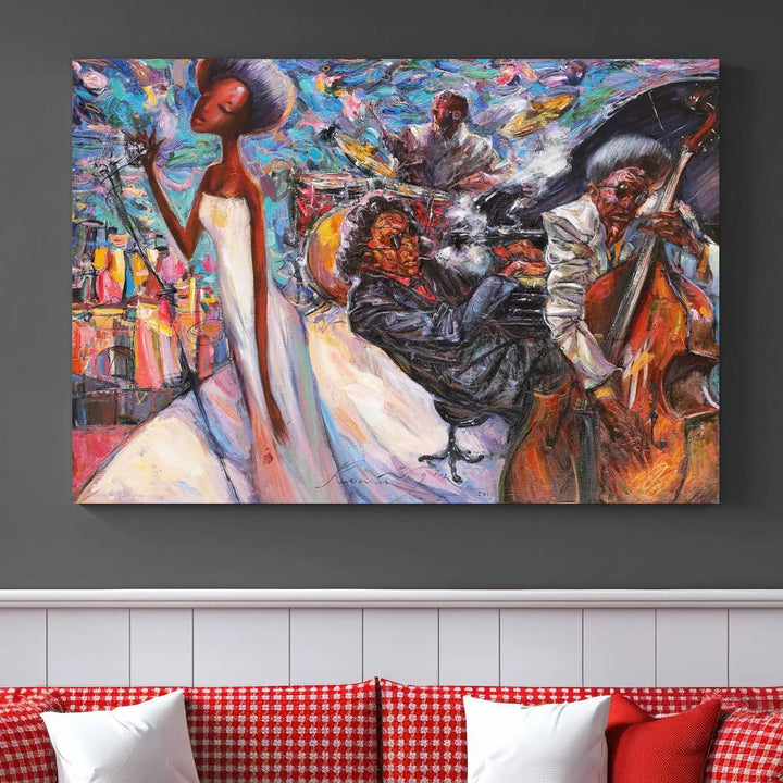 The Jazz Music Abstract Painting Canvas Wall Art, featuring museum-quality canvas with UV-protective coating, brightens a modern living room.