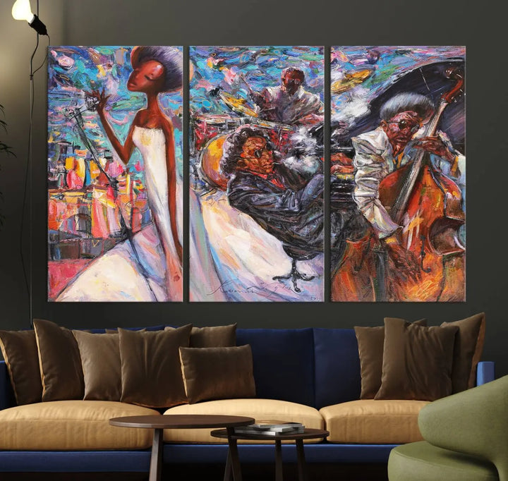 The Jazz Music Abstract Painting Canvas Wall Art, featuring museum-quality canvas with UV-protective coating, brightens a modern living room.