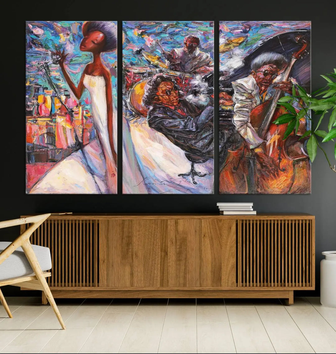 The Jazz Music Abstract Painting Canvas Wall Art, featuring museum-quality canvas with UV-protective coating, brightens a modern living room.