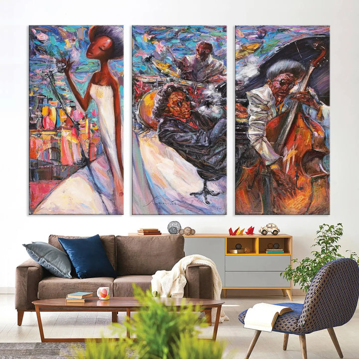 The Jazz Music Abstract Painting Canvas Wall Art, featuring museum-quality canvas with UV-protective coating, brightens a modern living room.