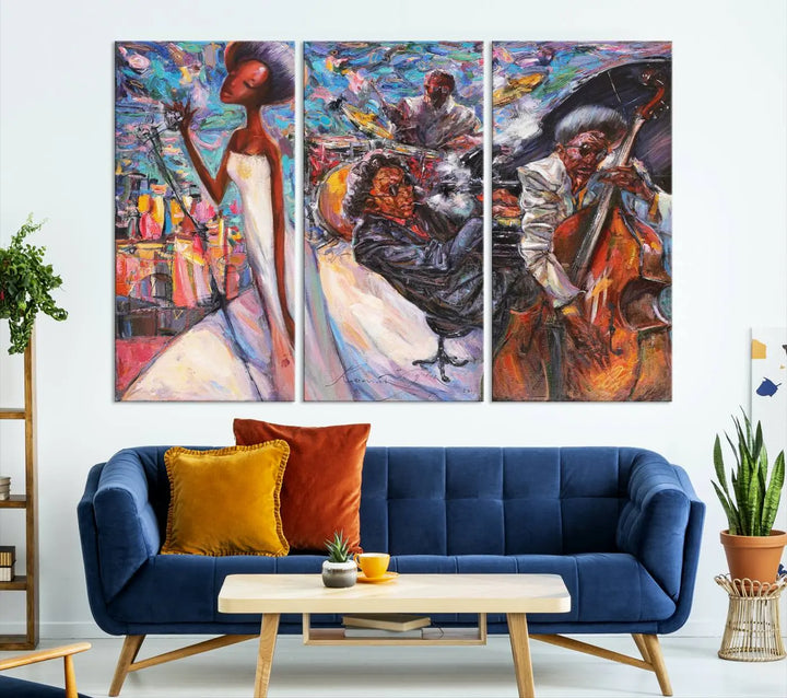 The Jazz Music Abstract Painting Canvas Wall Art, featuring museum-quality canvas with UV-protective coating, brightens a modern living room.