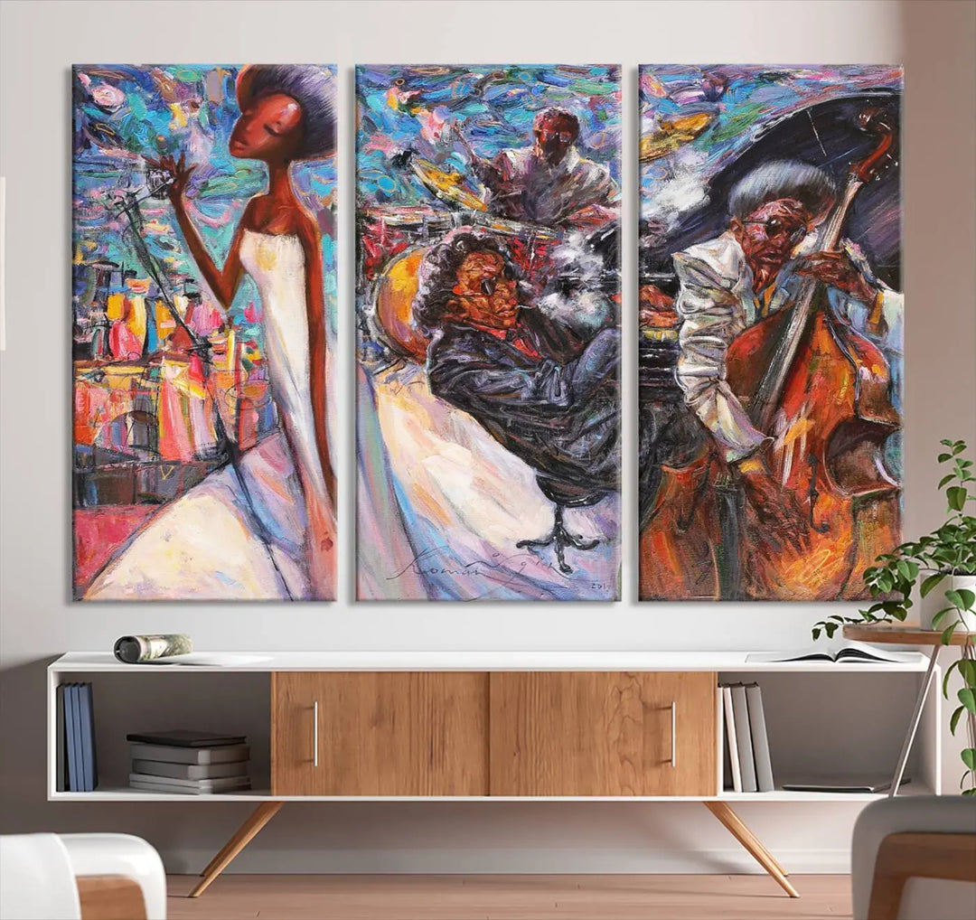 The Jazz Music Abstract Painting Canvas Wall Art, featuring museum-quality canvas with UV-protective coating, brightens a modern living room.