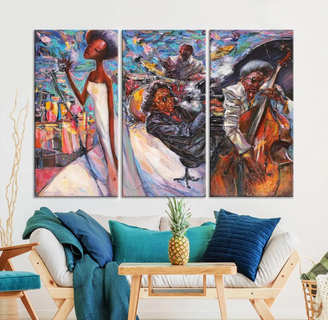 The Jazz Music Abstract Painting Canvas Wall Art, featuring museum-quality canvas with UV-protective coating, brightens a modern living room.