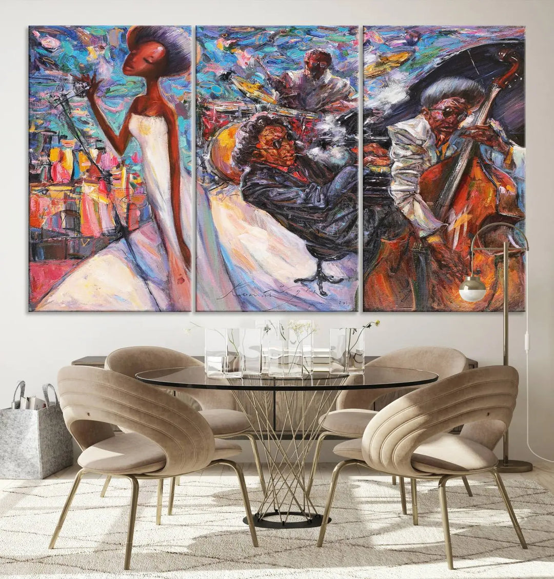 The Jazz Music Abstract Painting Canvas Wall Art, featuring museum-quality canvas with UV-protective coating, brightens a modern living room.