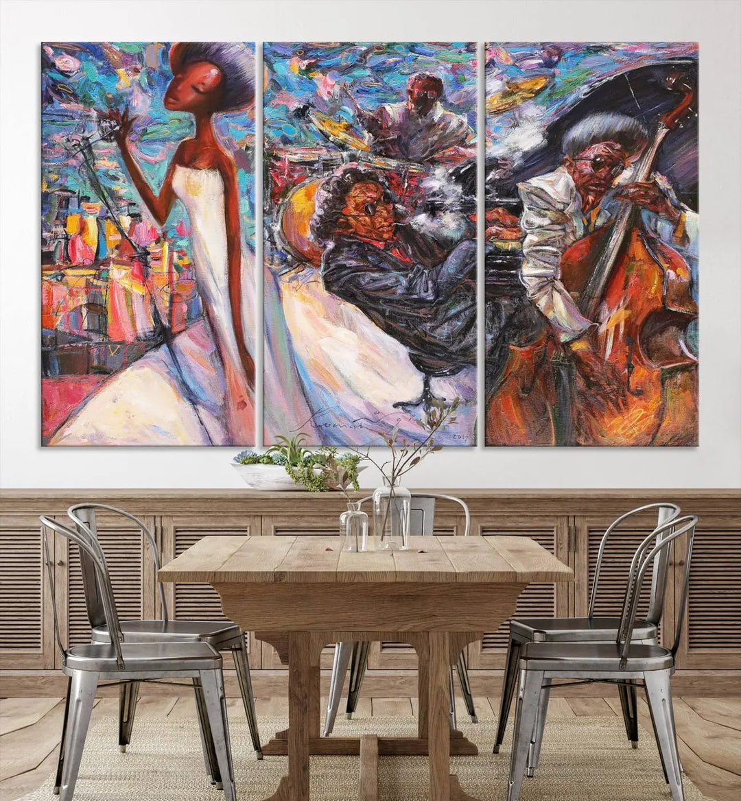 The Jazz Music Abstract Painting Canvas Wall Art, featuring museum-quality canvas with UV-protective coating, brightens a modern living room.