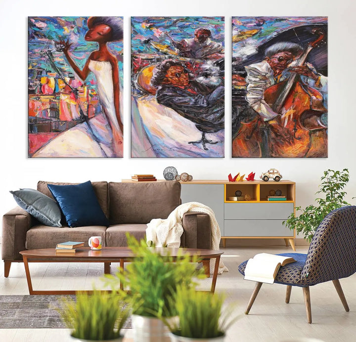 The Jazz Music Abstract Painting Canvas Wall Art, featuring museum-quality canvas with UV-protective coating, brightens a modern living room.