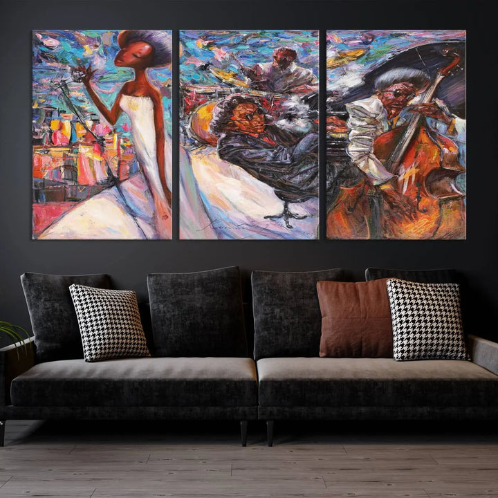 The Jazz Music Abstract Painting Canvas Wall Art, featuring museum-quality canvas with UV-protective coating, brightens a modern living room.