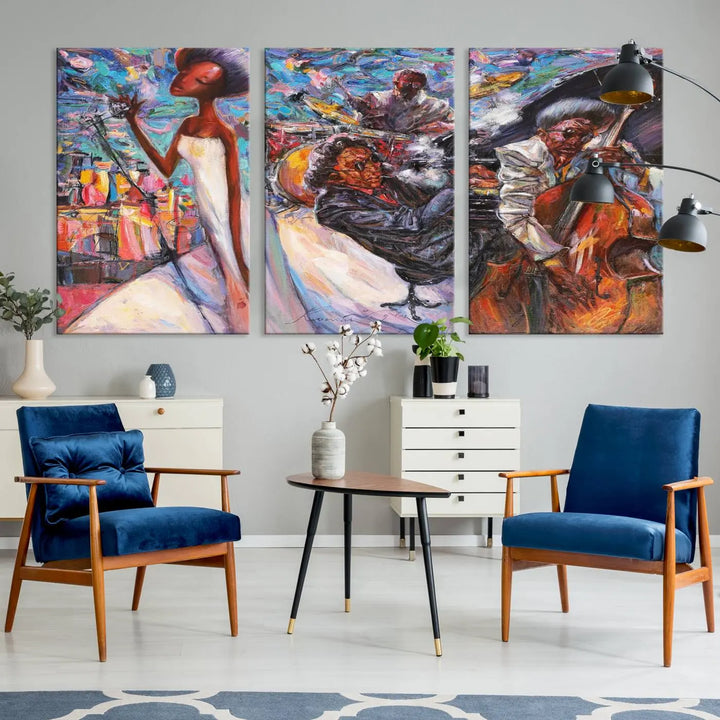 The Jazz Music Abstract Painting Canvas Wall Art, featuring museum-quality canvas with UV-protective coating, brightens a modern living room.