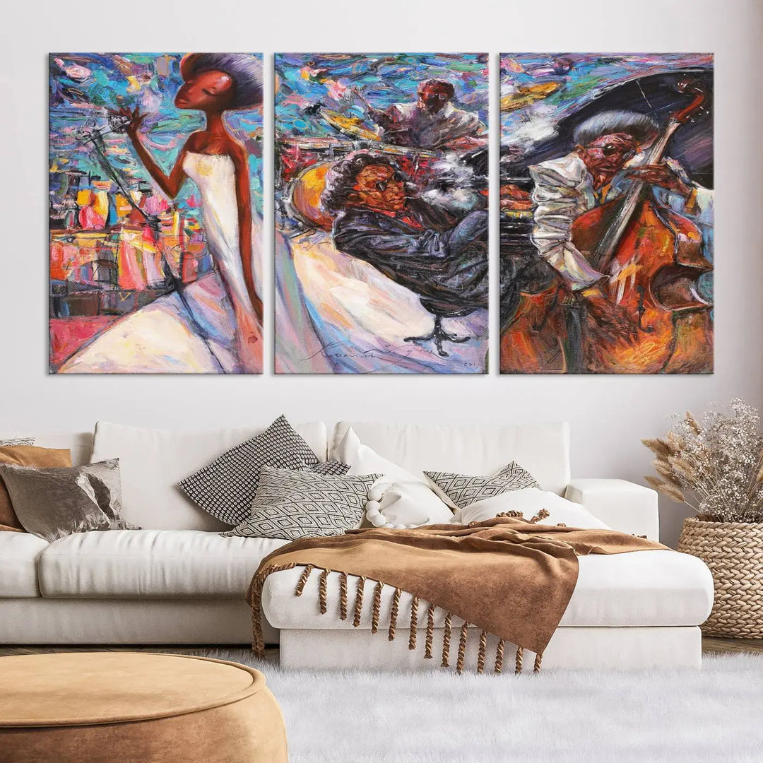 The Jazz Music Abstract Painting Canvas Wall Art, featuring museum-quality canvas with UV-protective coating, brightens a modern living room.