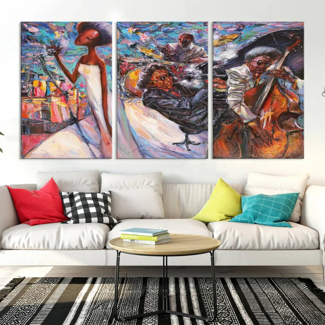 The Jazz Music Abstract Painting Canvas Wall Art, featuring museum-quality canvas with UV-protective coating, brightens a modern living room.