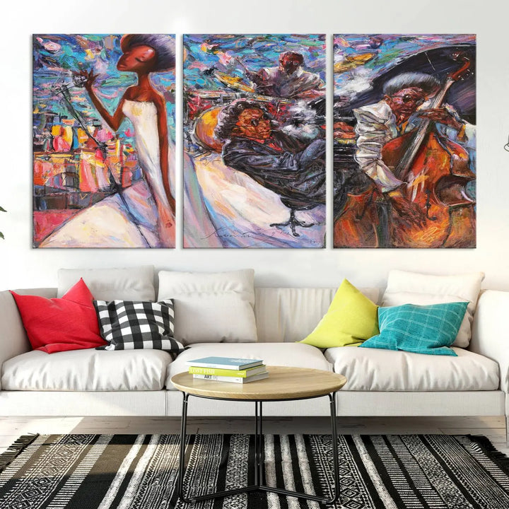 The Jazz Music Abstract Painting Canvas Wall Art, featuring museum-quality canvas with UV-protective coating, brightens a modern living room.