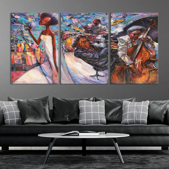 The Jazz Music Abstract Painting Canvas Wall Art, featuring museum-quality canvas with UV-protective coating, brightens a modern living room.