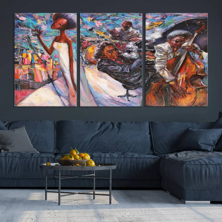 The Jazz Music Abstract Painting Canvas Wall Art, featuring museum-quality canvas with UV-protective coating, brightens a modern living room.