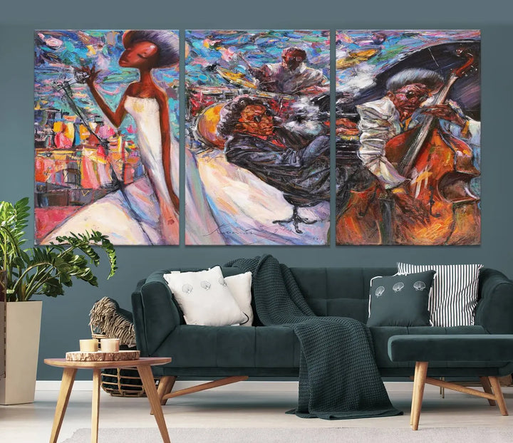 The Jazz Music Abstract Painting Canvas Wall Art, featuring museum-quality canvas with UV-protective coating, brightens a modern living room.