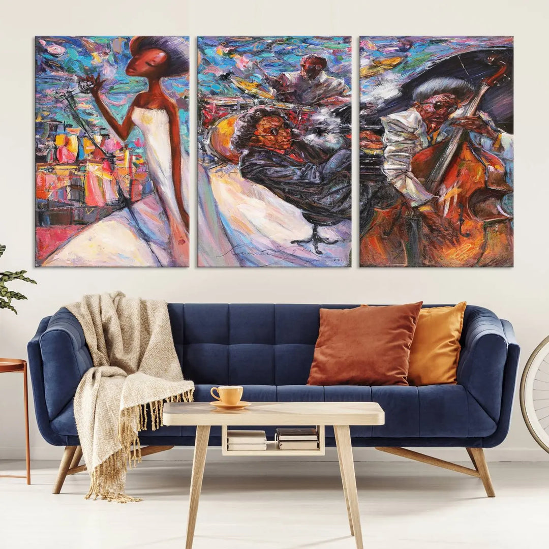 The Jazz Music Abstract Painting Canvas Wall Art, featuring museum-quality canvas with UV-protective coating, brightens a modern living room.