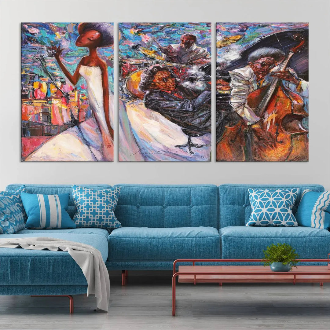 The Jazz Music Abstract Painting Canvas Wall Art, featuring museum-quality canvas with UV-protective coating, brightens a modern living room.