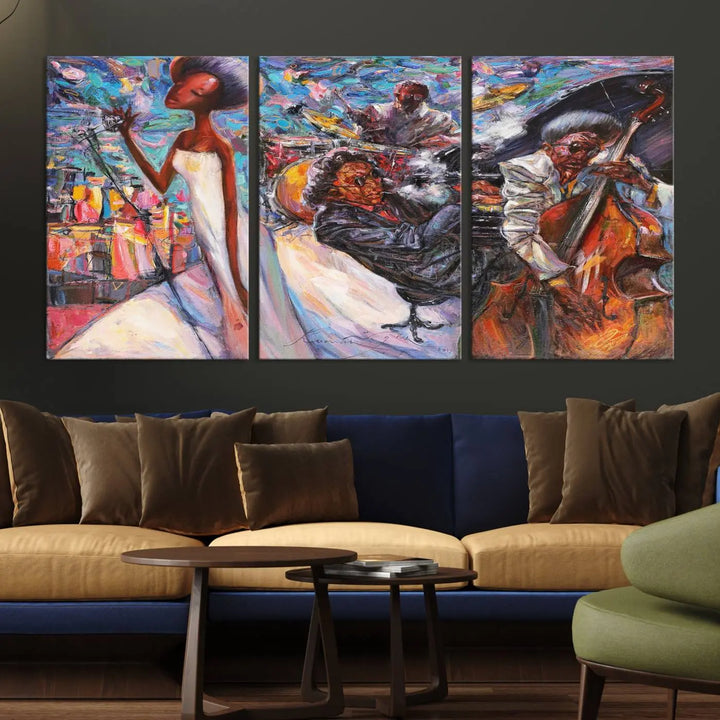 The Jazz Music Abstract Painting Canvas Wall Art, featuring museum-quality canvas with UV-protective coating, brightens a modern living room.