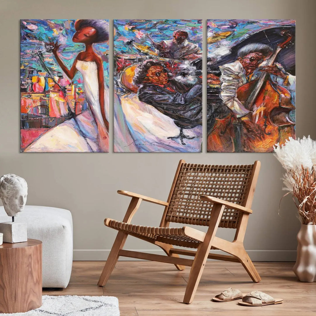 The Jazz Music Abstract Painting Canvas Wall Art, featuring museum-quality canvas with UV-protective coating, brightens a modern living room.