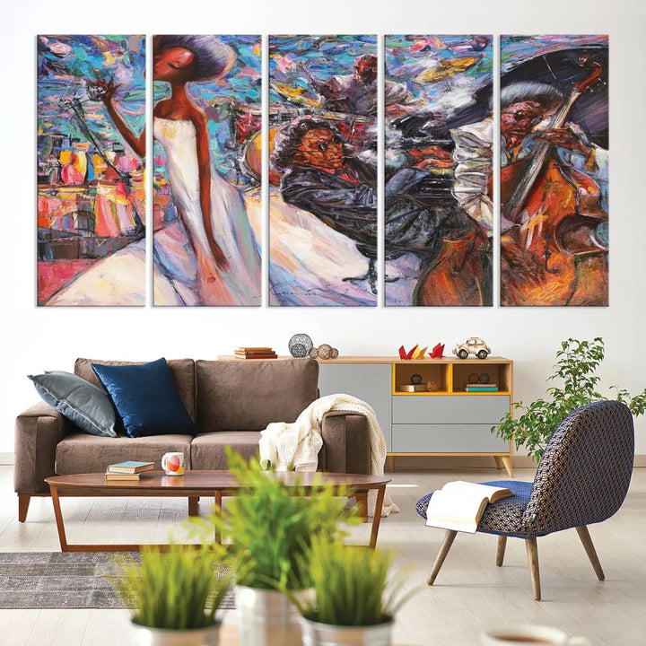 The Jazz Music Abstract Painting Canvas Wall Art, featuring museum-quality canvas with UV-protective coating, brightens a modern living room.