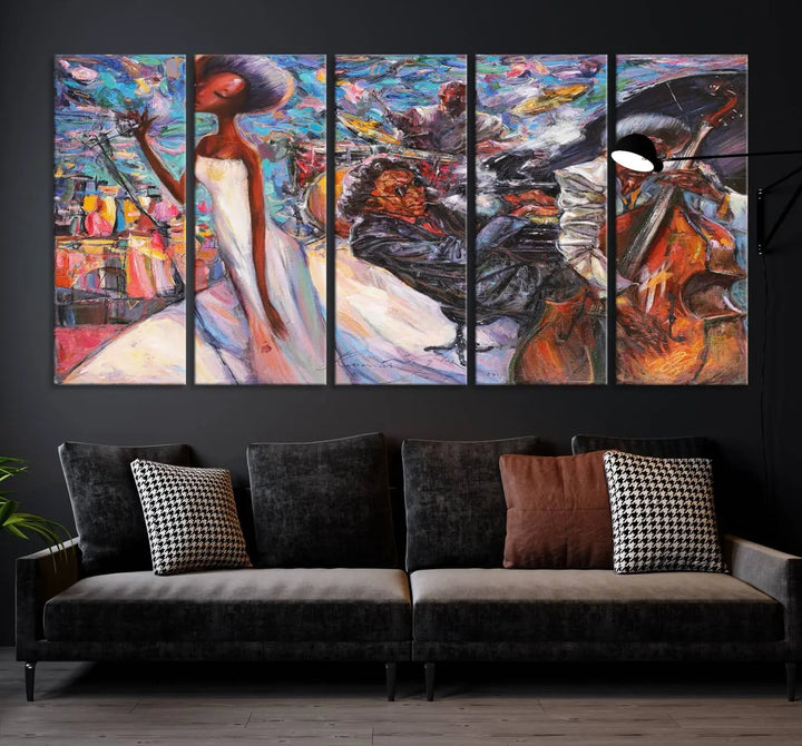 The Jazz Music Abstract Painting Canvas Wall Art, featuring museum-quality canvas with UV-protective coating, brightens a modern living room.