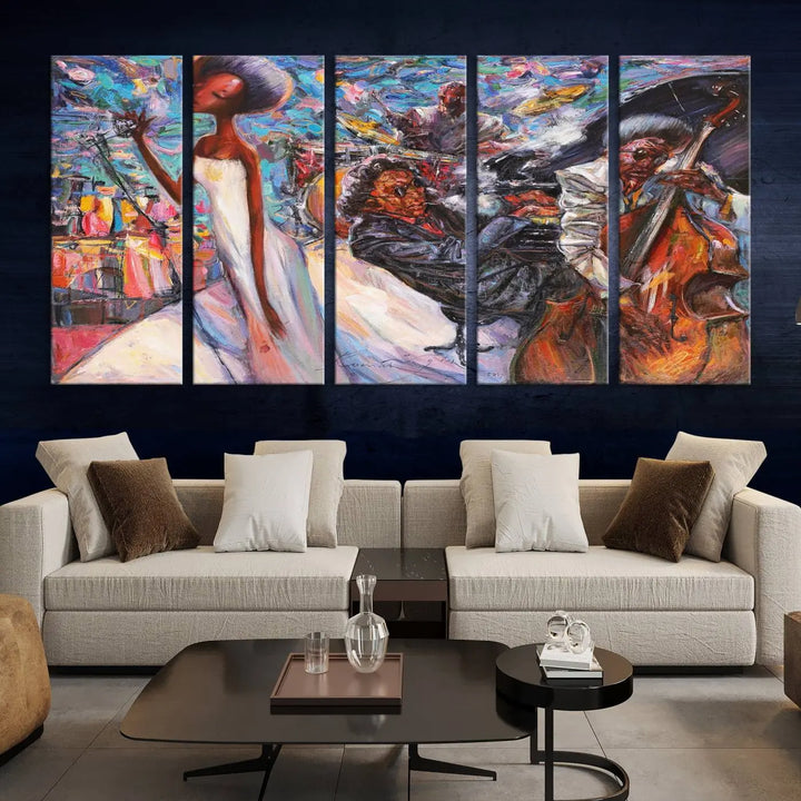 The Jazz Music Abstract Painting Canvas Wall Art, featuring museum-quality canvas with UV-protective coating, brightens a modern living room.